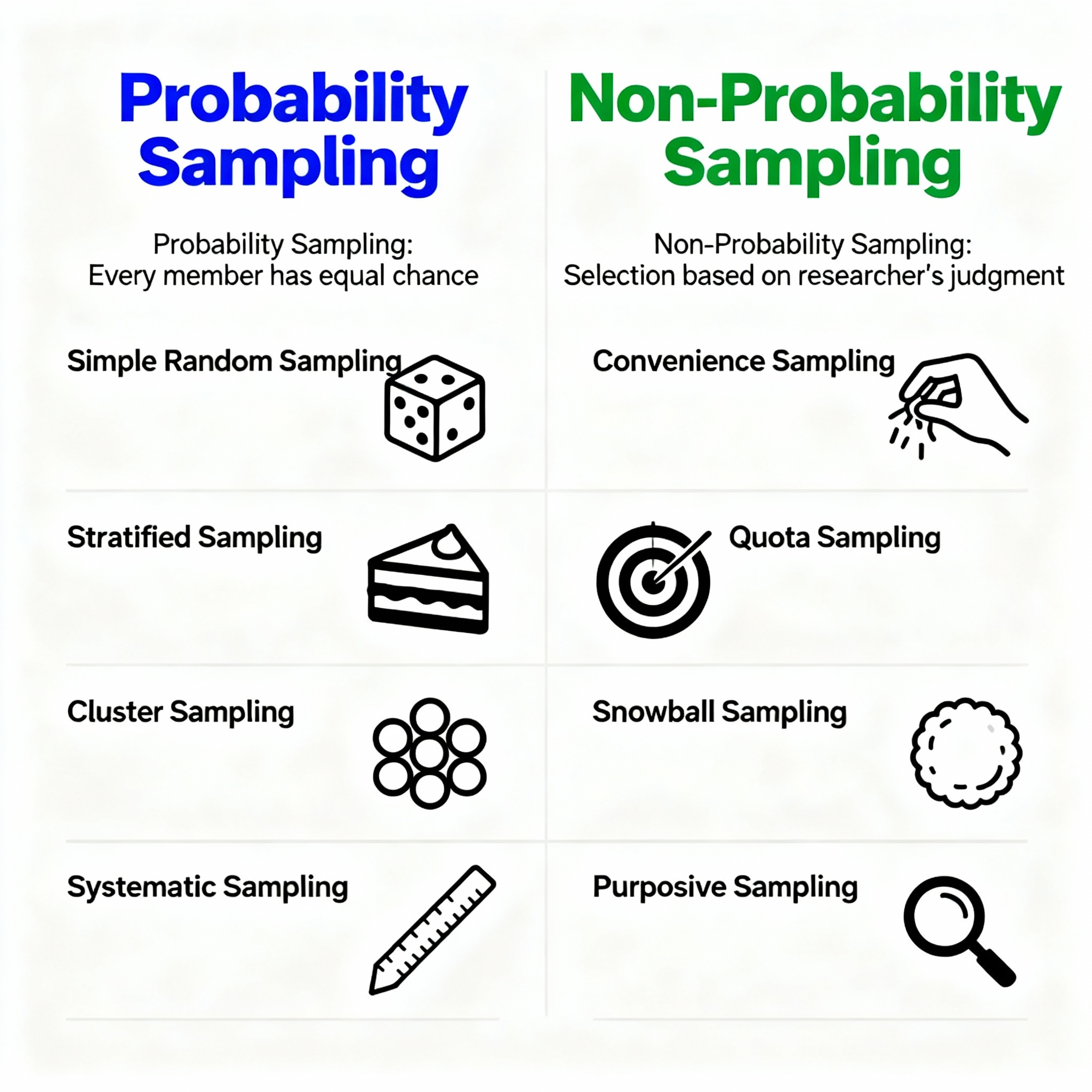 This image lists certain probability vs non-probability sampling methods.