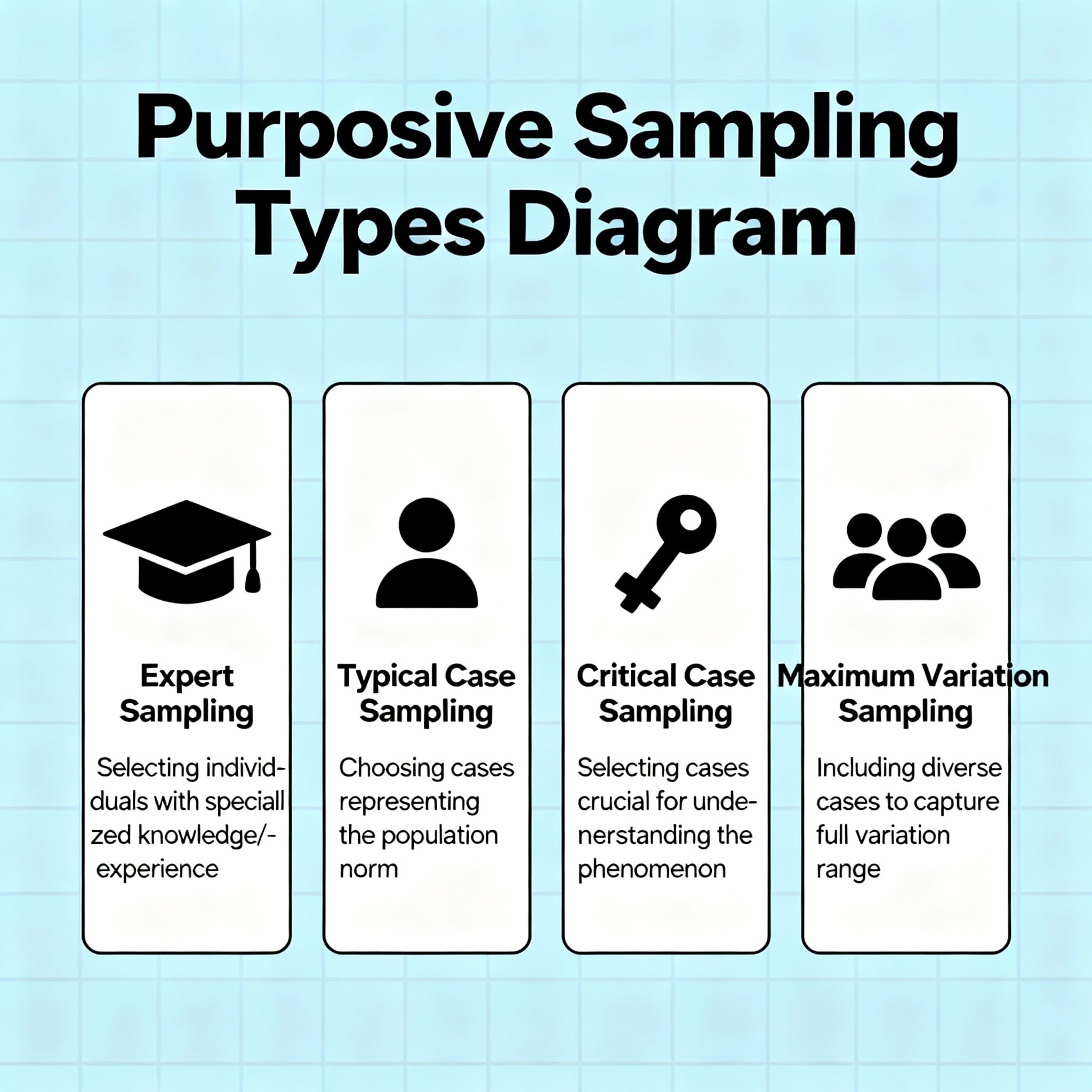 Titled: Purposive Sampling. The main 4 categories are illustrated in 4 boxes on a blue background.