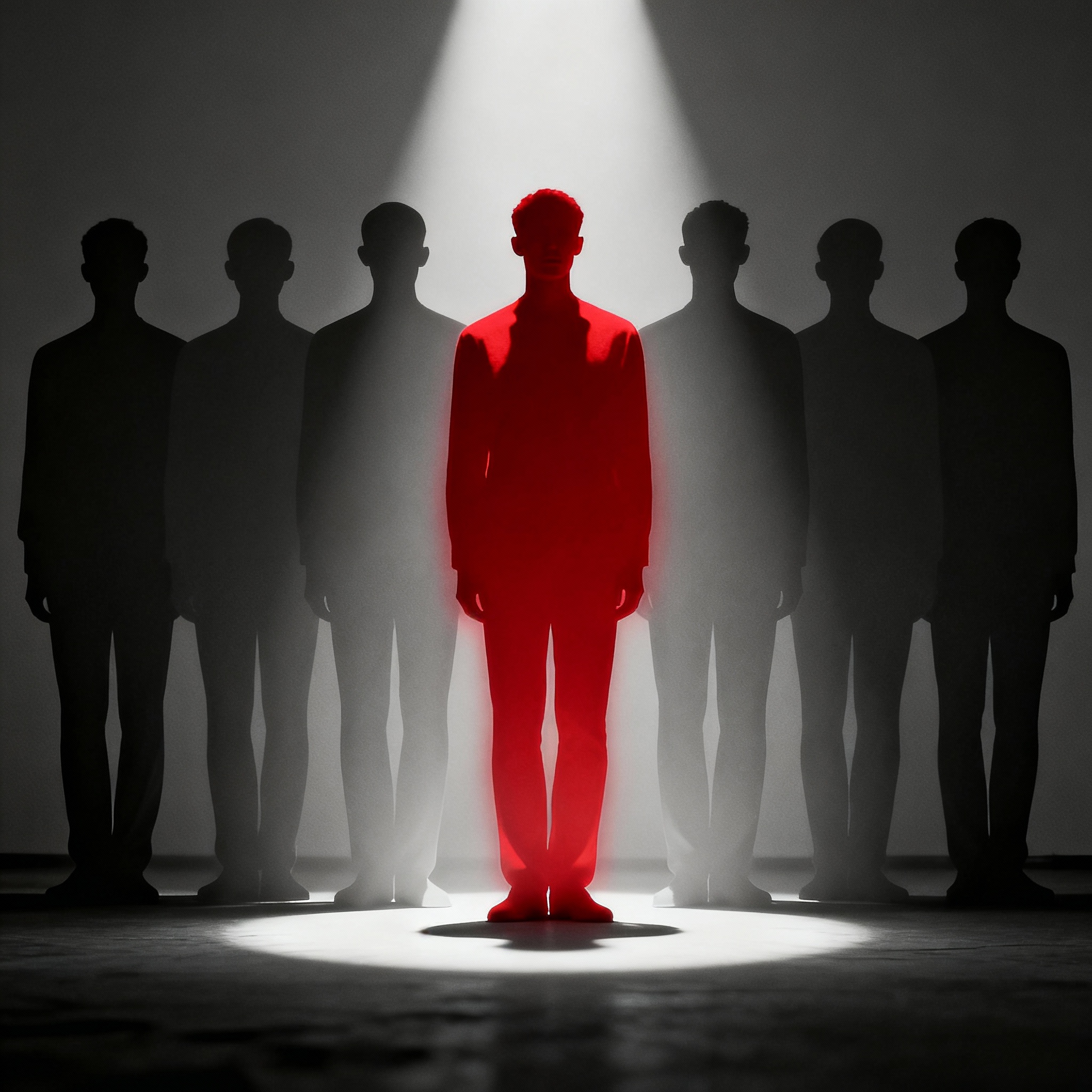 One silhouette highlighted red, to symbolise the selective attention of Baader Meinhof Phenomenon.